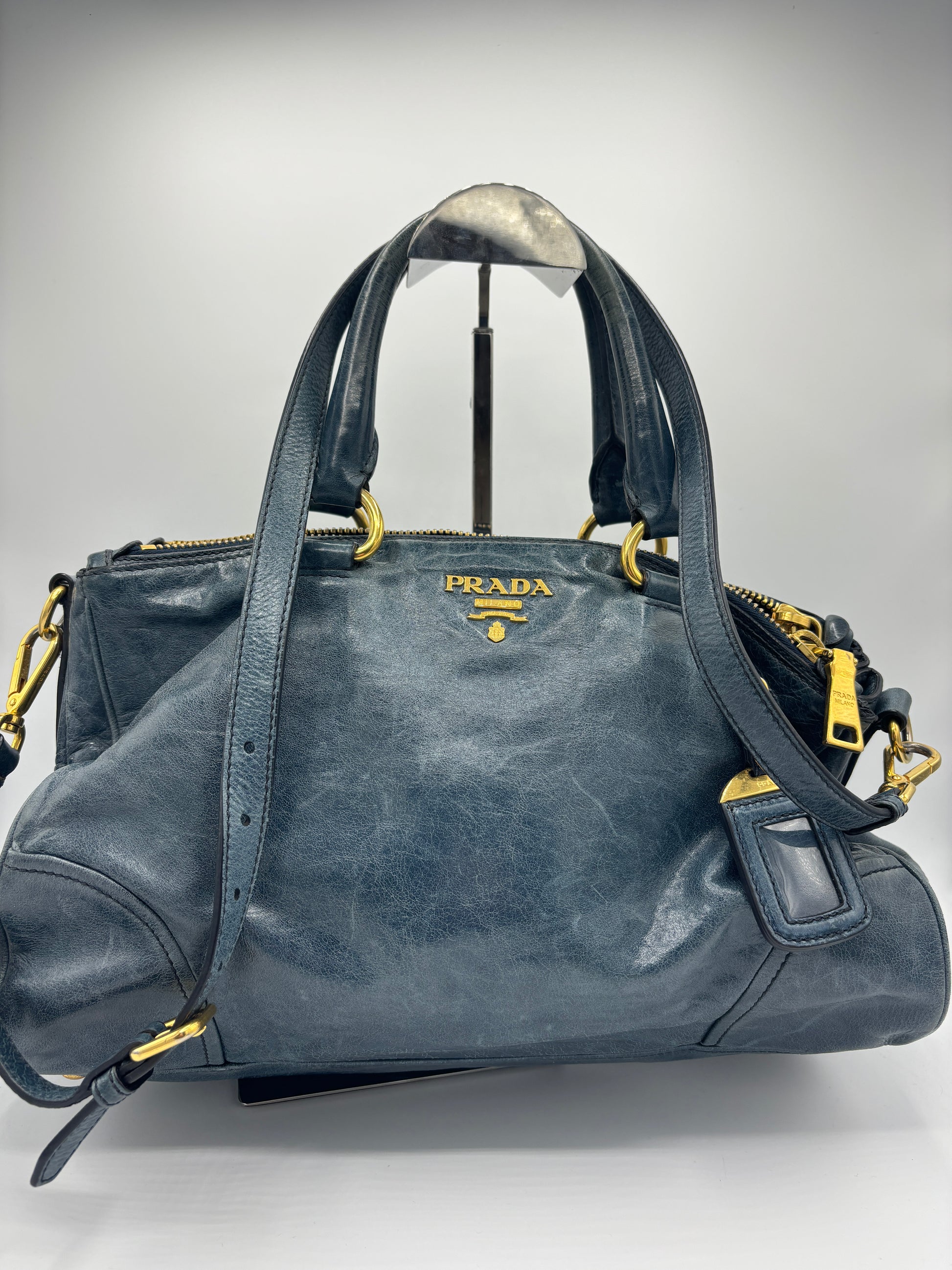 PRADA Leather Shoulder Bag Auth Black Medium Women Italy