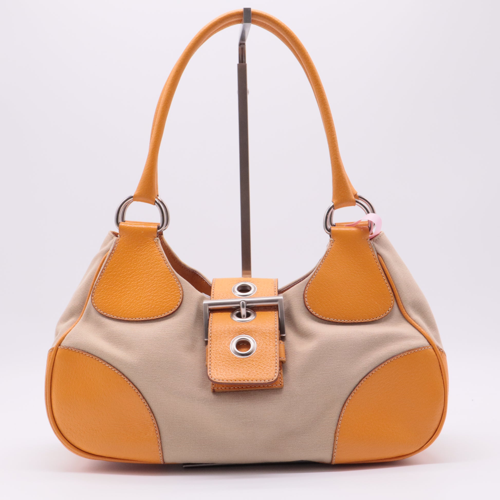 Beige/Caramel Brown Canvas And Leather Shoulder Bag twins