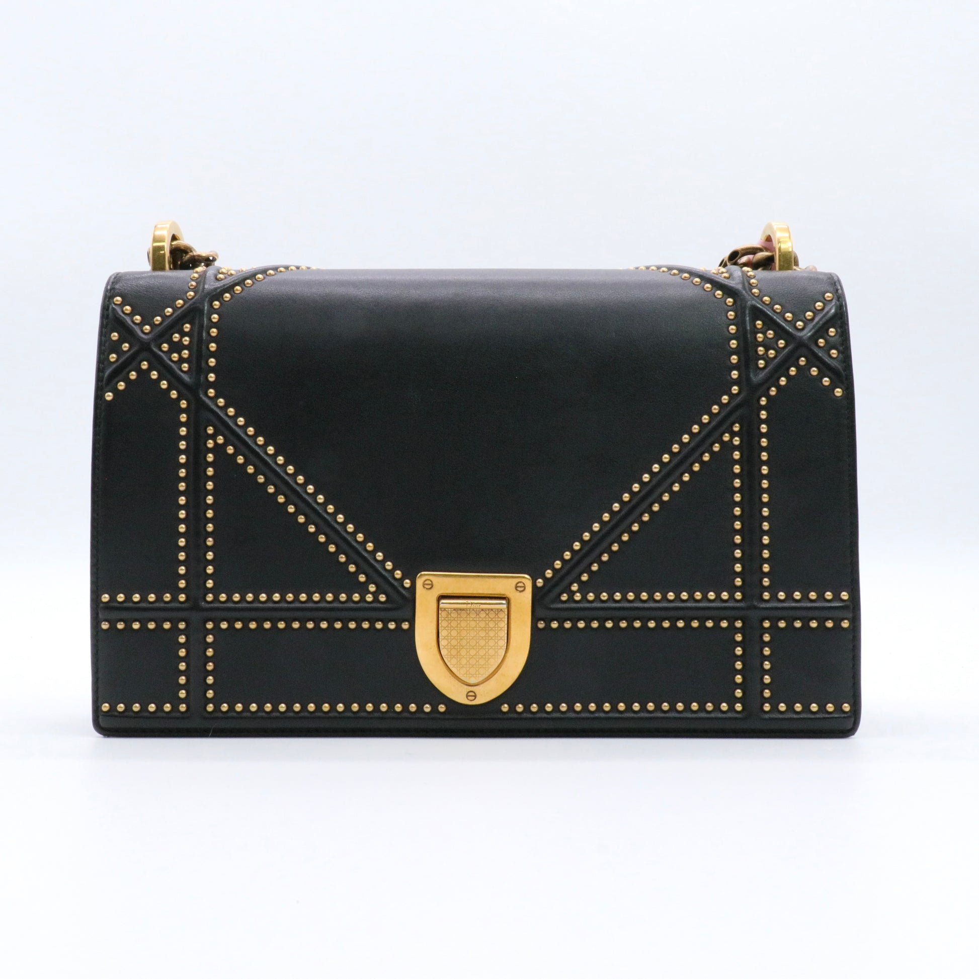 Black Studded Leather Medium Diorama Flap Shoulder Bag Twins