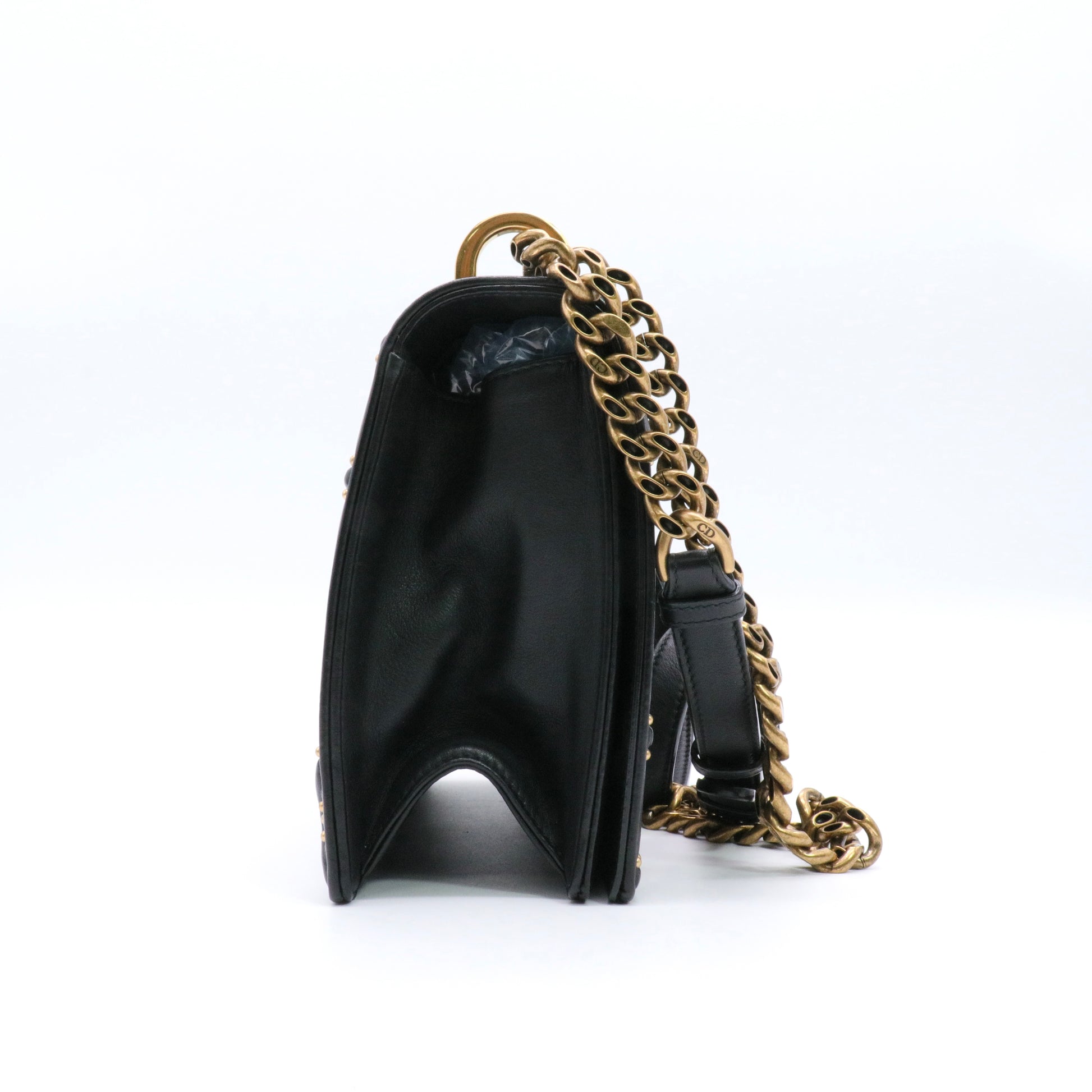 Black Studded Leather Medium Diorama Flap Shoulder Bag Twins
