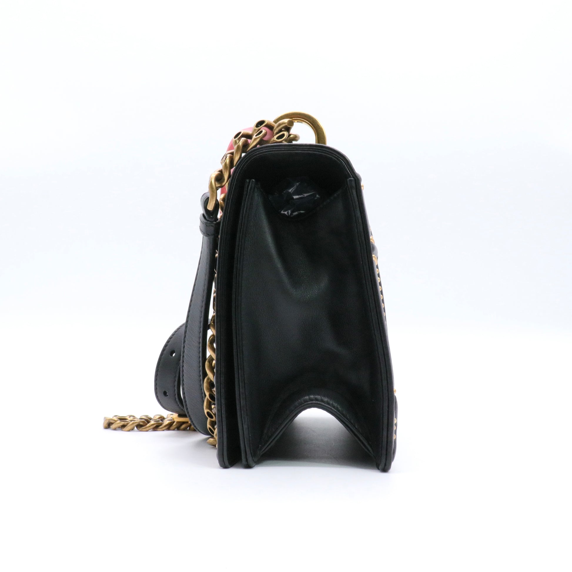 Black Studded Leather Medium Diorama Flap Shoulder Bag Twins