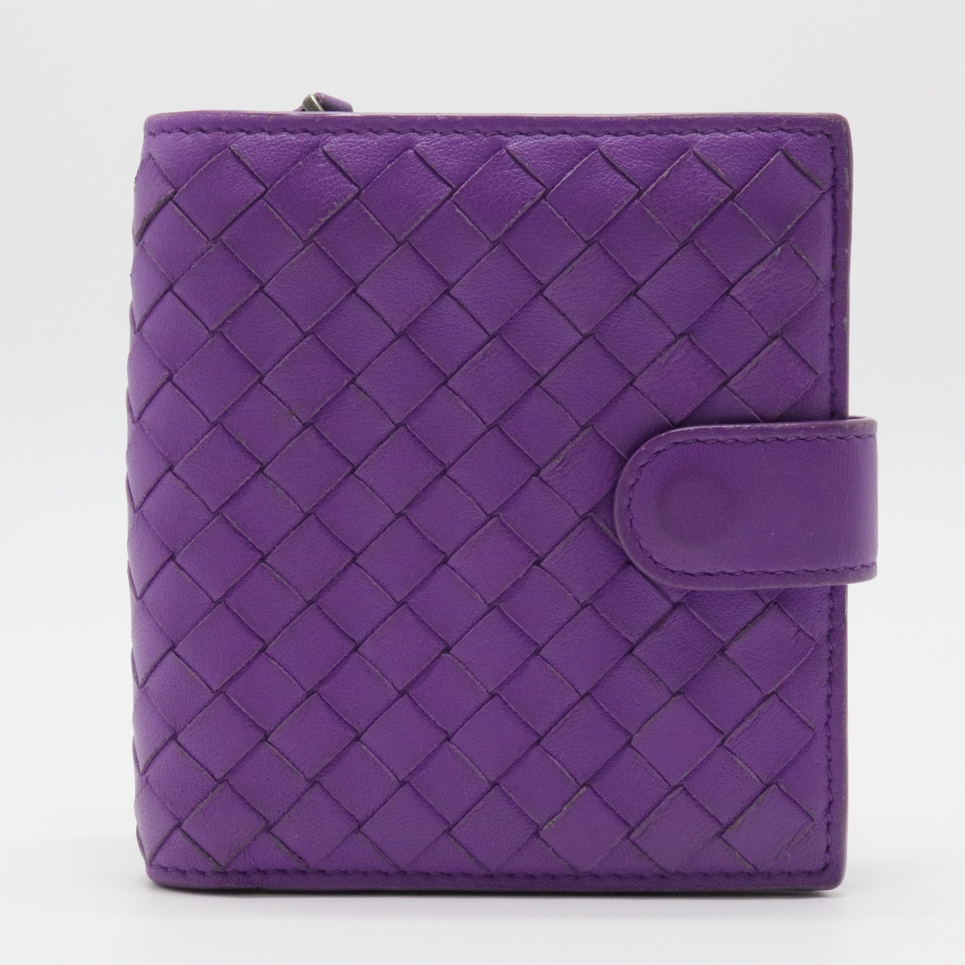 Purple Intrecciato Leather French Compact Wallet