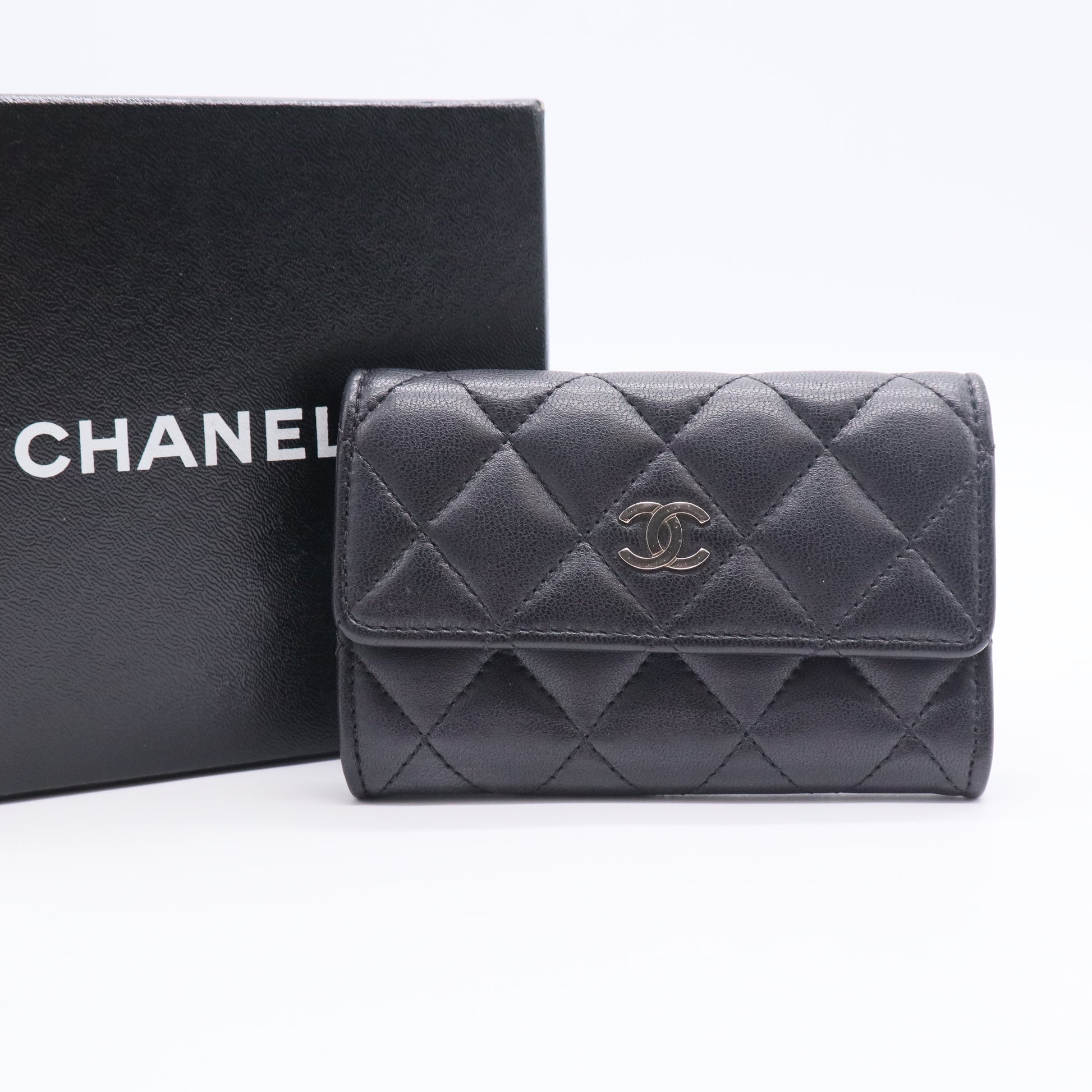 Classic Flap Quilted Black Lambskin Mini Wallet Card Holder