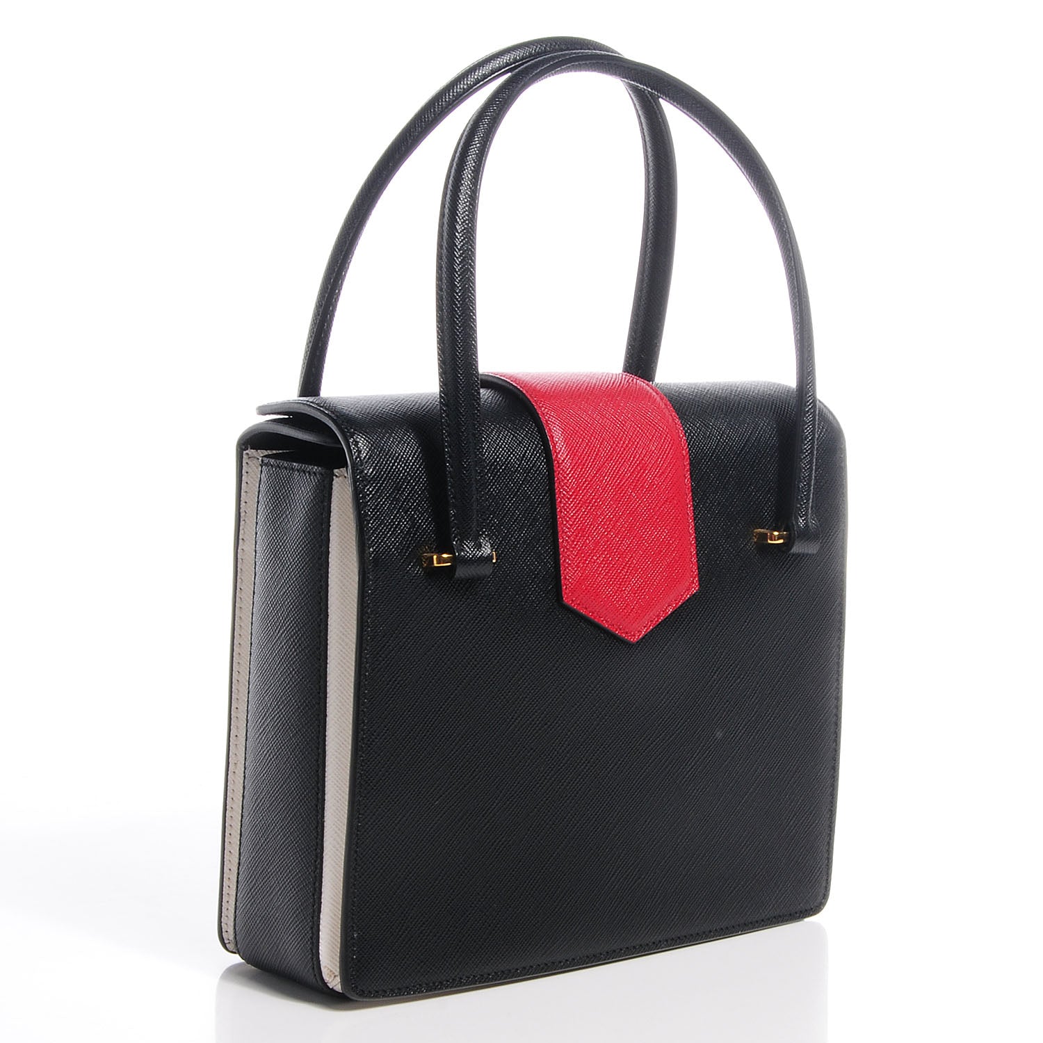 Saffiano Tri-Color Turn Lock Satchel Black Talco Rosso - twins