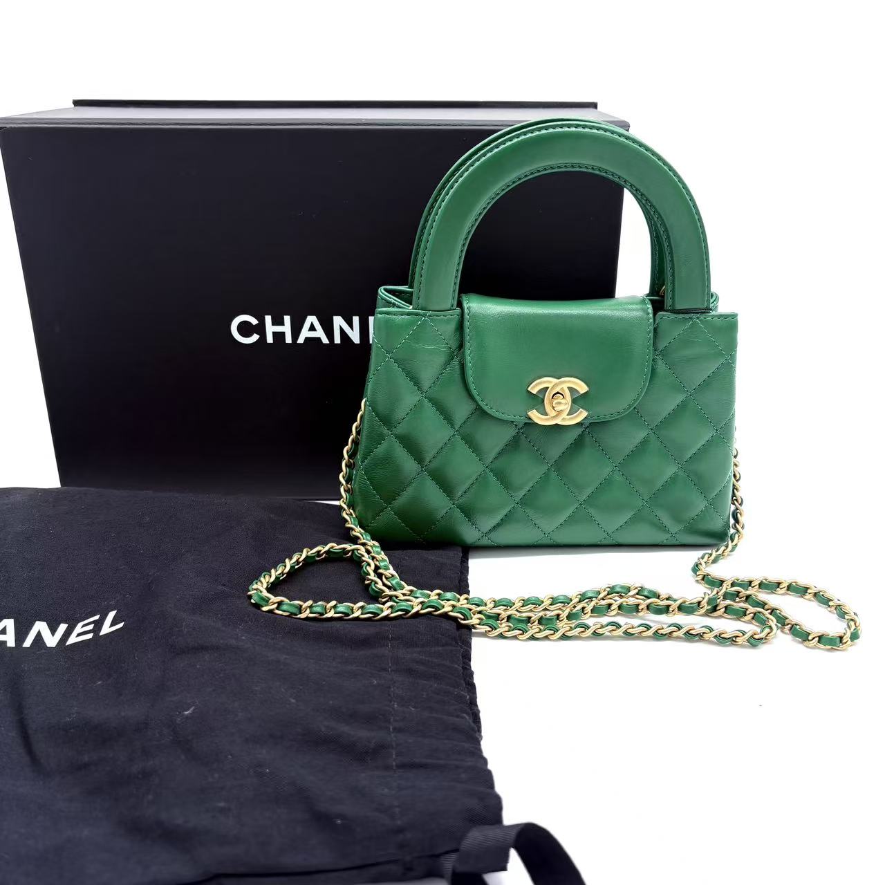 Shiny Aged Calfskin Quilted Nano Kelly Shopper Green