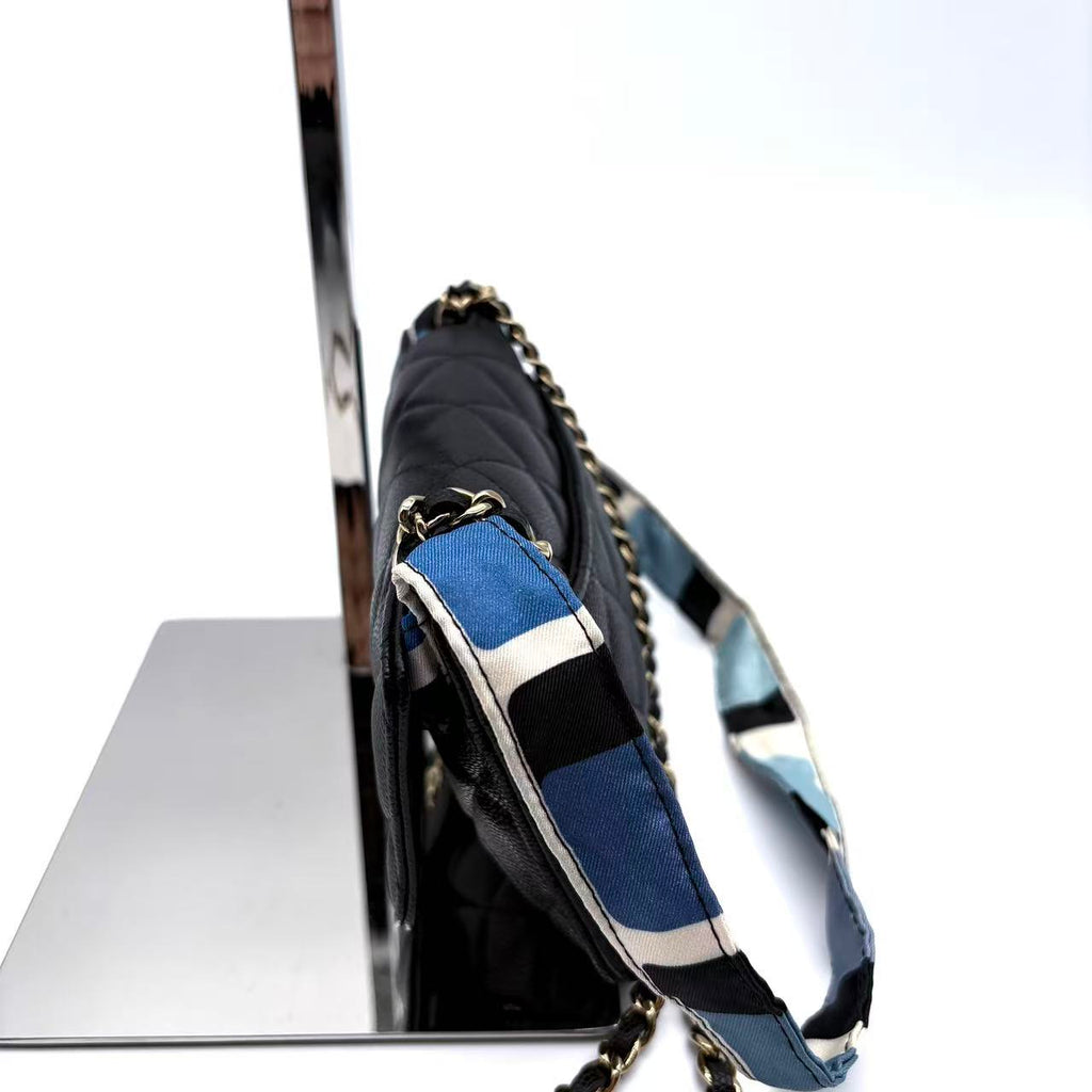 Caviar Fabric Foldable Tote Bag With Chain Black Multicolor