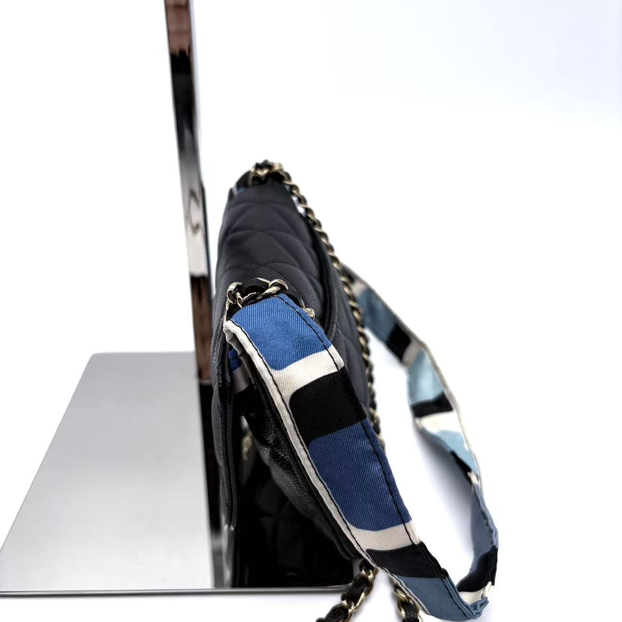 Caviar Fabric Foldable Tote Bag With Chain Black Multicolor