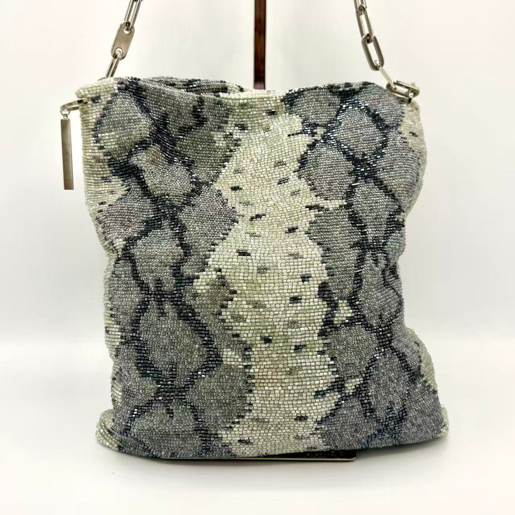 by Tom Ford Grey Snake Pattern Beaded Chain Flat Shoulder Bag
