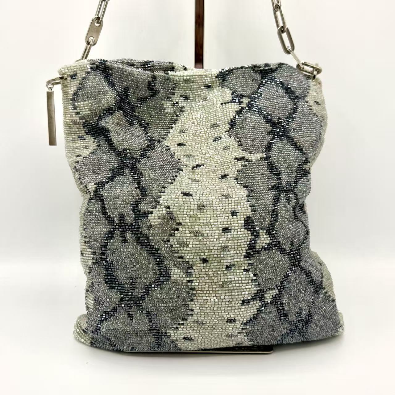 by Tom Ford Grey Snake Pattern Beaded Chain Flat Shoulder Bag