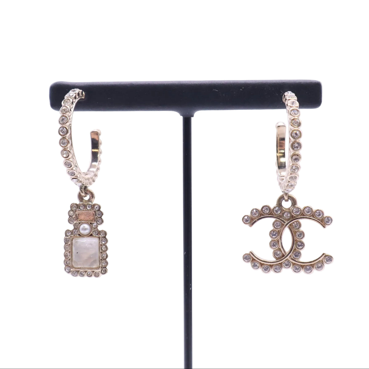 Chanel Crystal Pearl CC Perfume Bottle Drop Hoop Twins LDJ6733