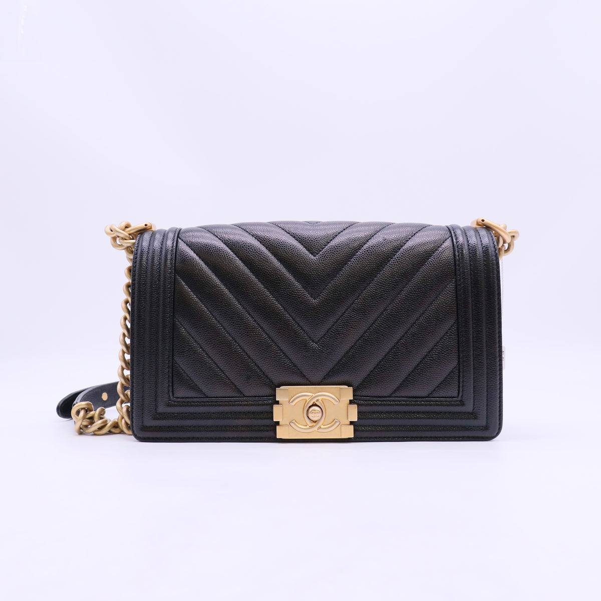 Caviar Chevron Quilted Medium Boy Flap Black Twins LDZ1673