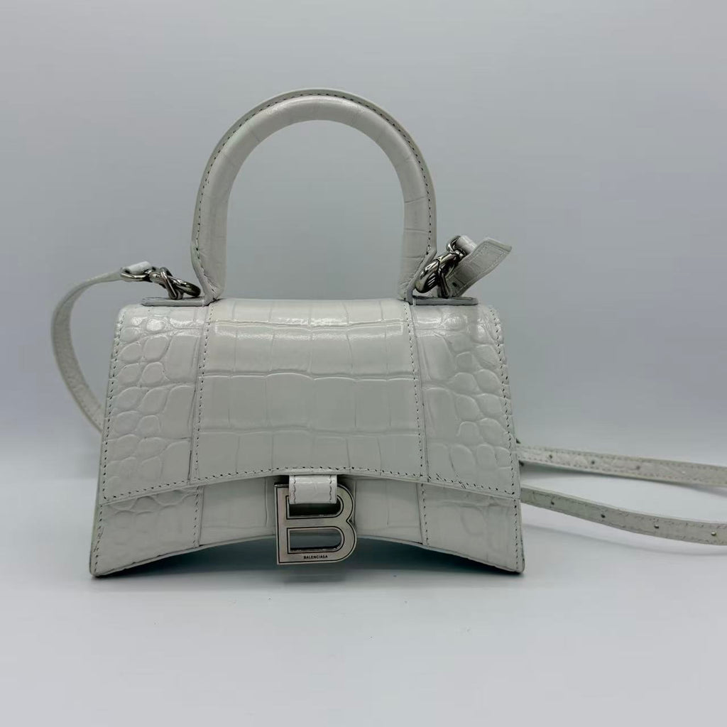 Hourglass Handbag Xs in White shiny crocodile embossed calfskin