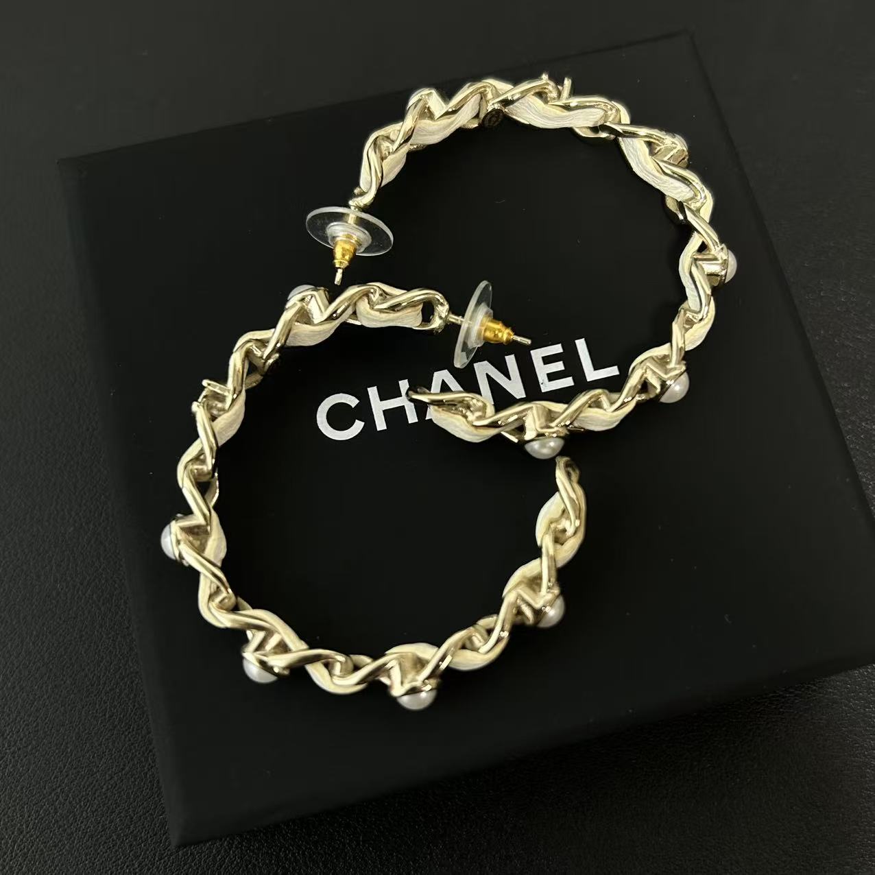 Chanel Lambskin CC Chain Hoop Earrings Gold Black twins LDJ4468
