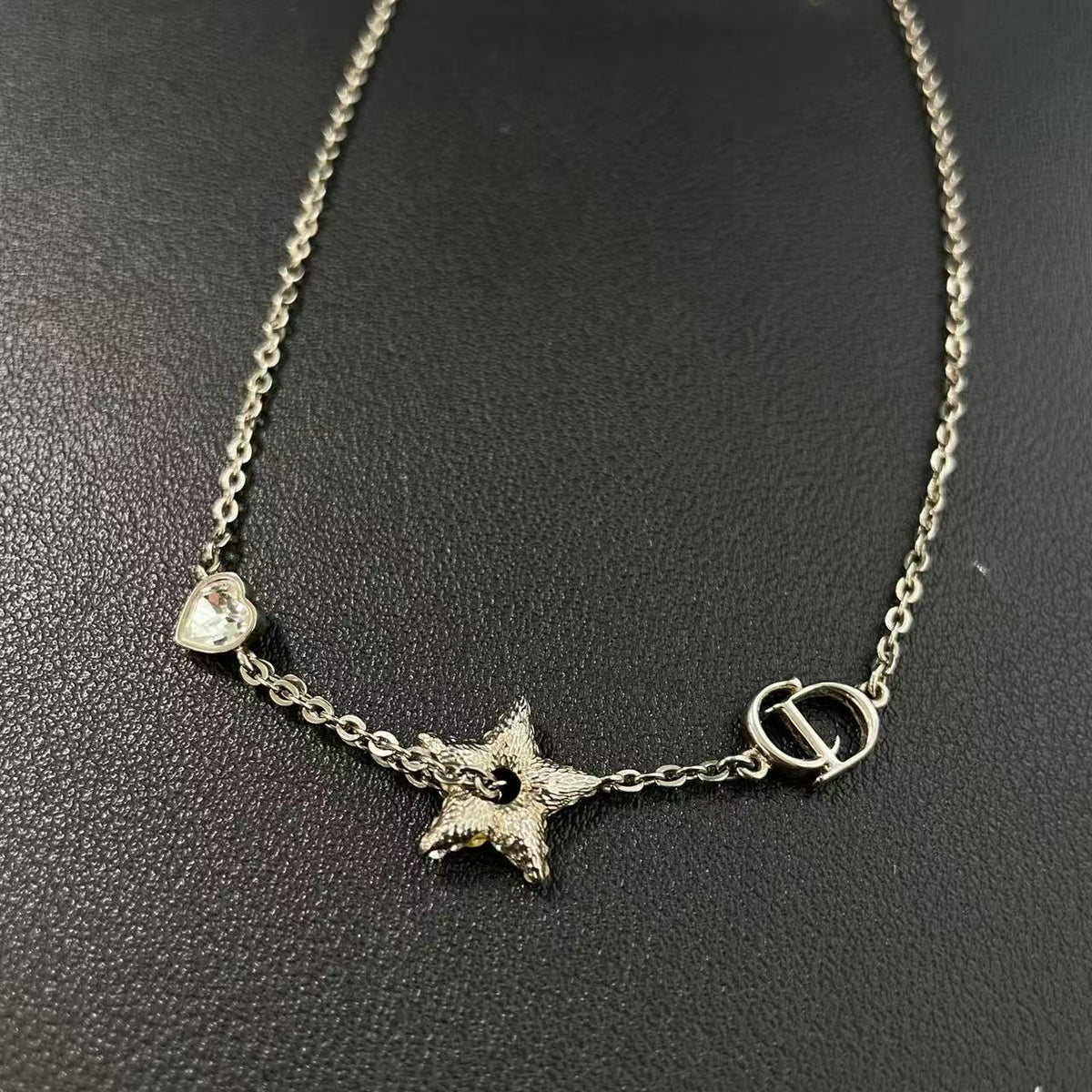 Christian Dior Crystal Petit CD Lucky Charms Necklace Silver Twins LDZ1268