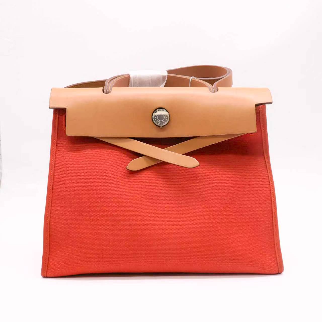 Hermes 31cm Red Canvas/Natural Calfskin Leather Herbag Zip PM Bag twins LDZ748