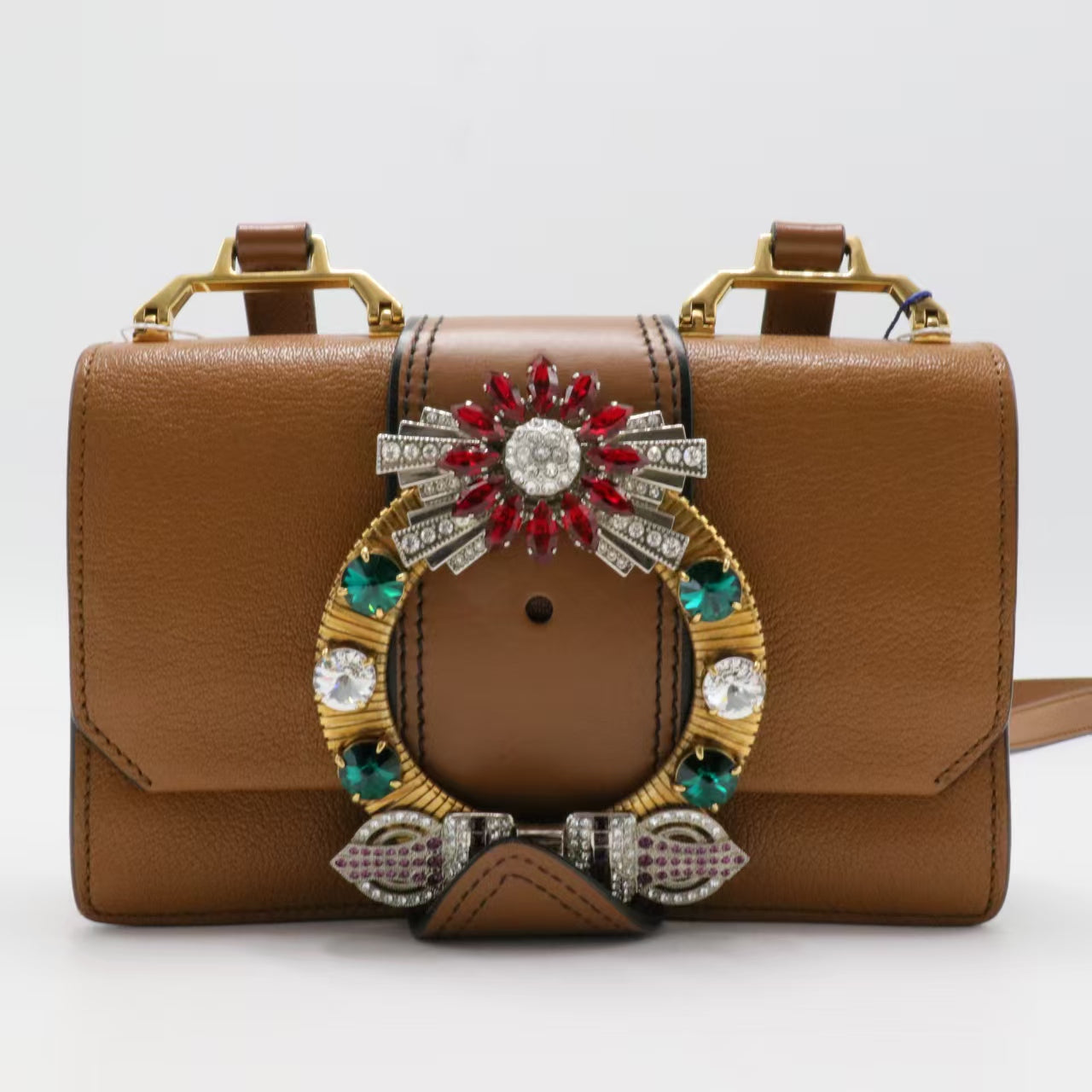 Madras Crystal Buckle Shoulder Bag Leather Small twins