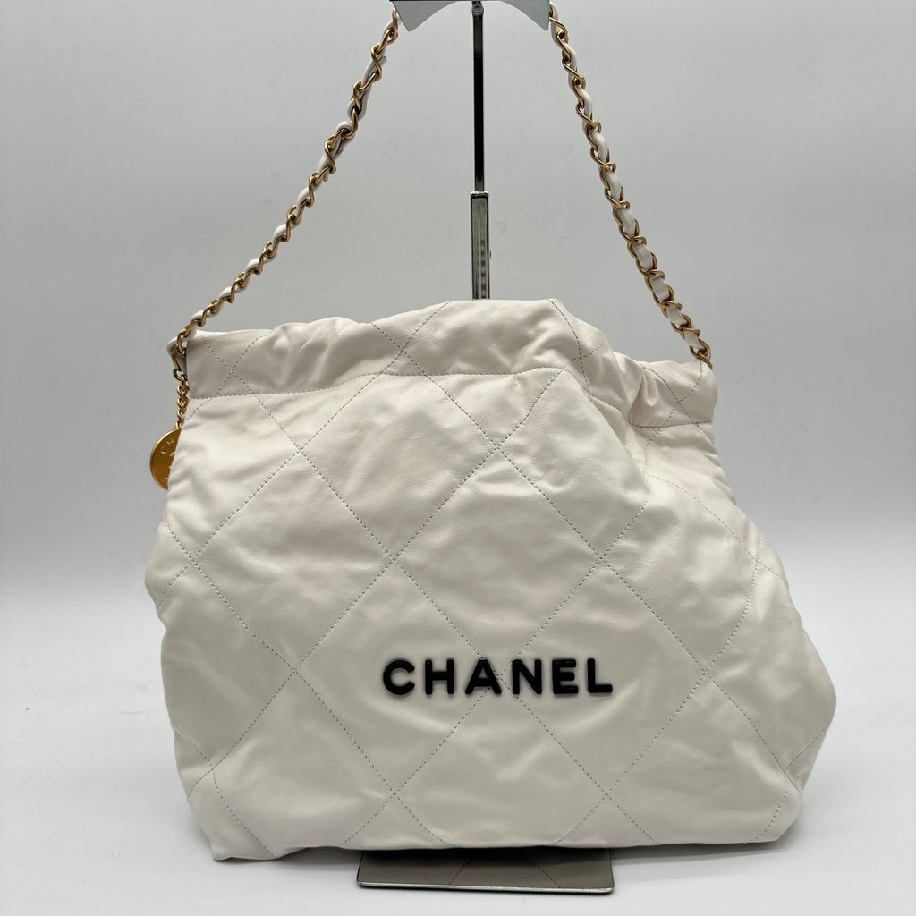 22 Handbag  Shiny Calfskin & Gold-Tone Metal  White