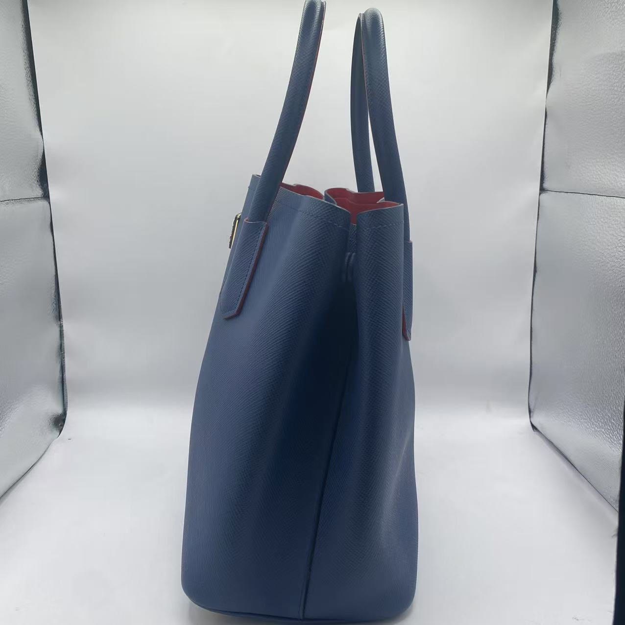 Navy Blue Saffiano Cuir Leather Double Handle Tote