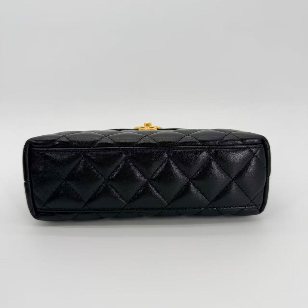 Nano Kelly Shopper bag in black shiny aged calfskin leather with gold hardware
