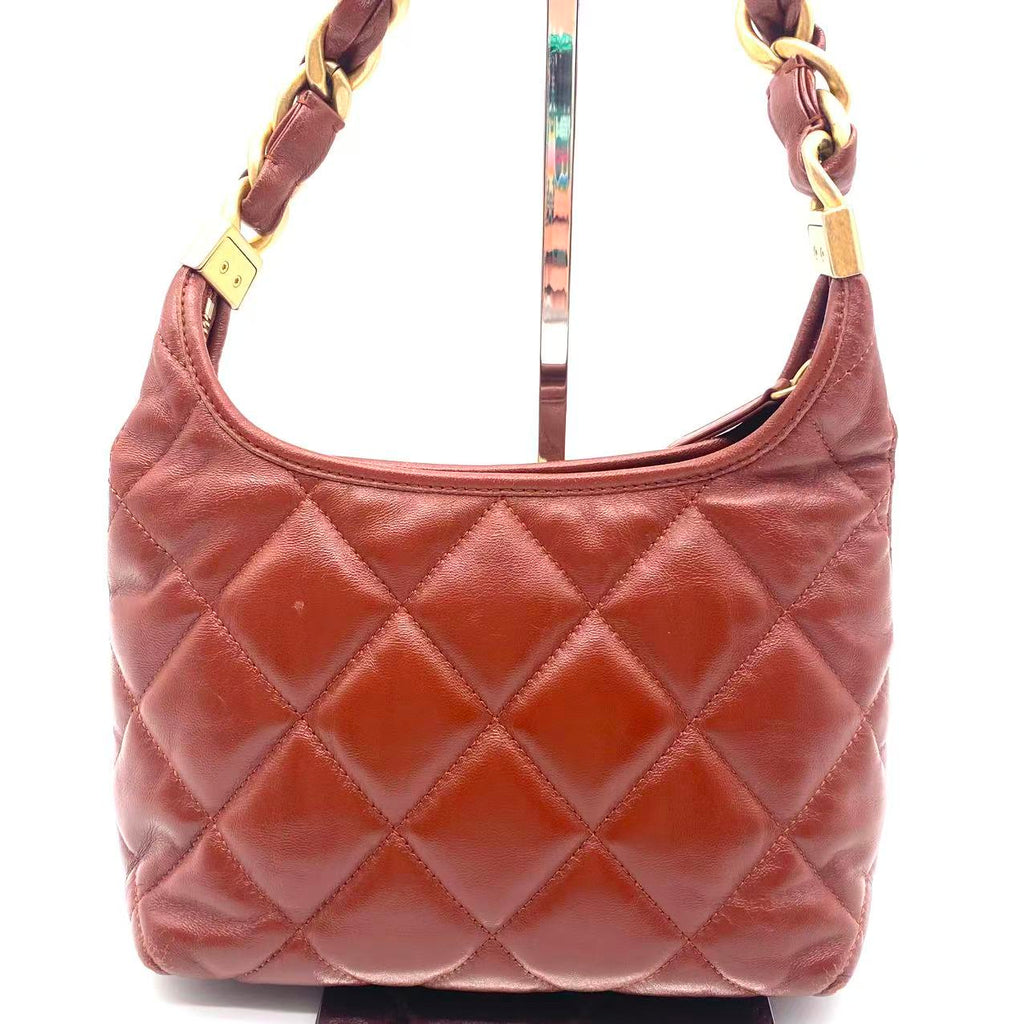 Shiny Crumpled Lambskin Quilted Small CC Funky Town Hobo Brown