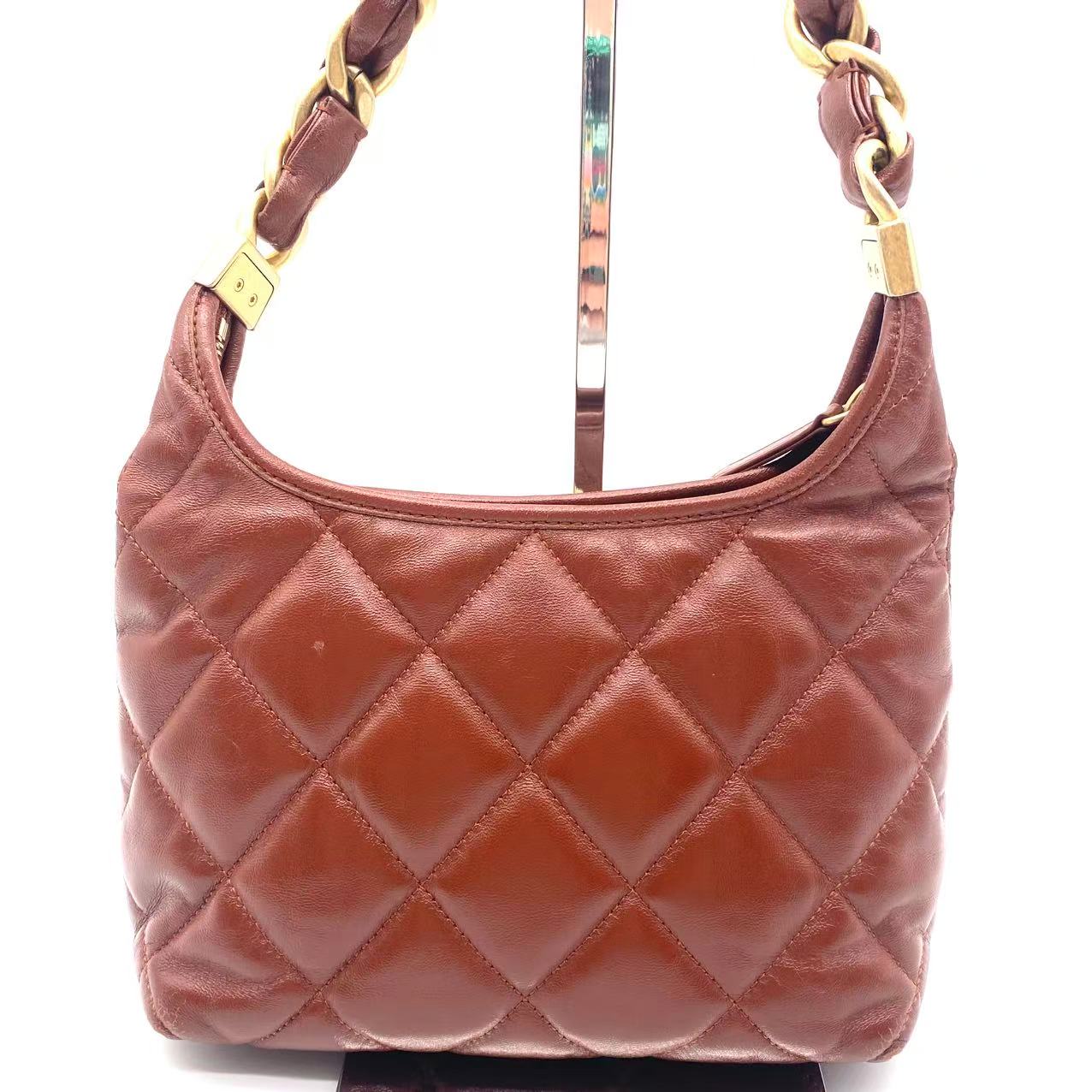 Shiny Crumpled Lambskin Quilted Small CC Funky Town Hobo Brown
