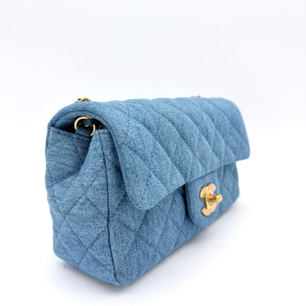 Denim Quilted Mini Pearl Crush Rectangular Flap Blue
