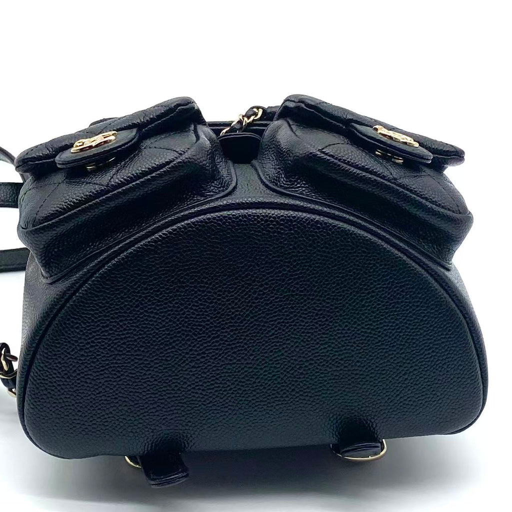 Shiny Caviar Quilted Small Duma Pockets Drawstring Backpack Black