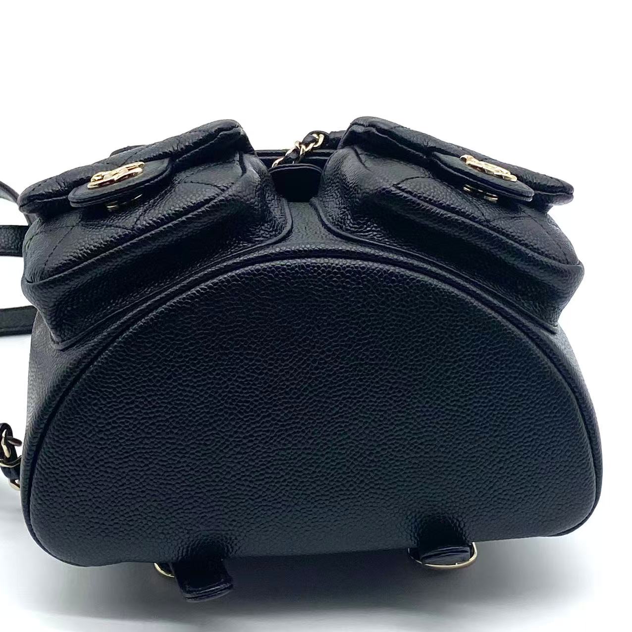 Shiny Caviar Quilted Small Duma Pockets Drawstring Backpack Black