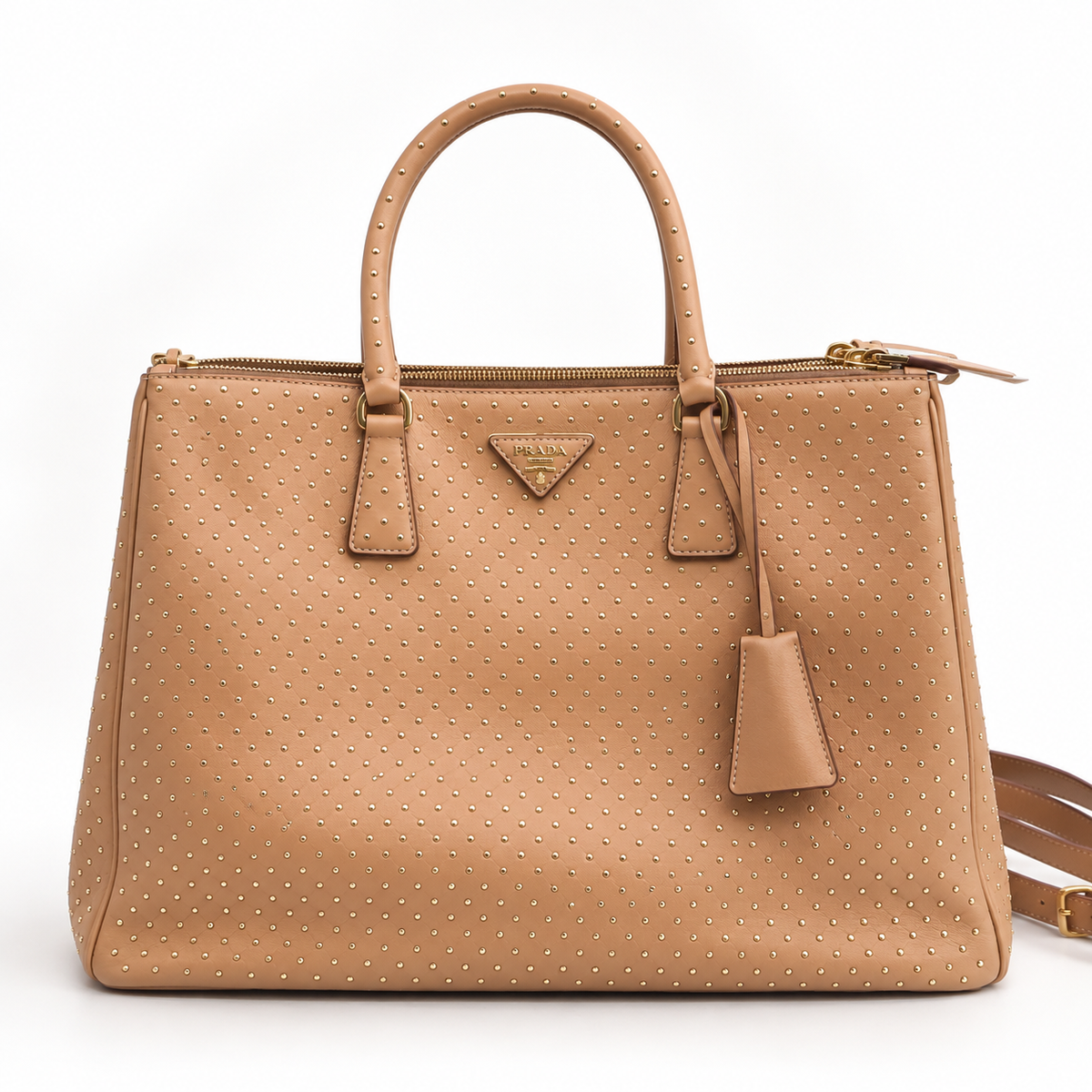 Prada New Edition Calfskin Studded Extra Large Galleria Double Zip Tote Natural twins LDJ5824