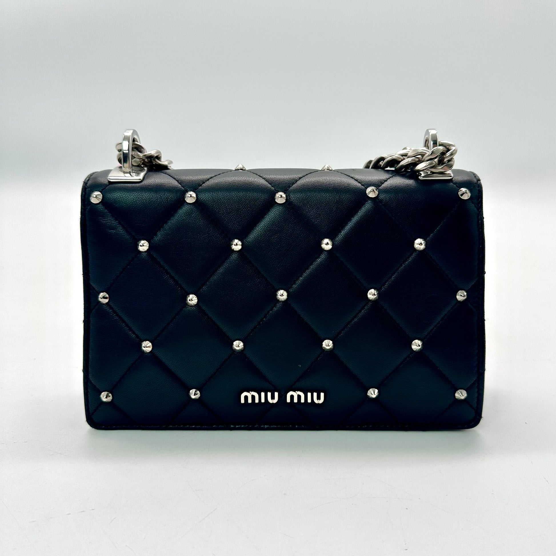 Miu Miu Pattina Nappa Studded Black Leather Shoulder Bag Twins LDJ3367