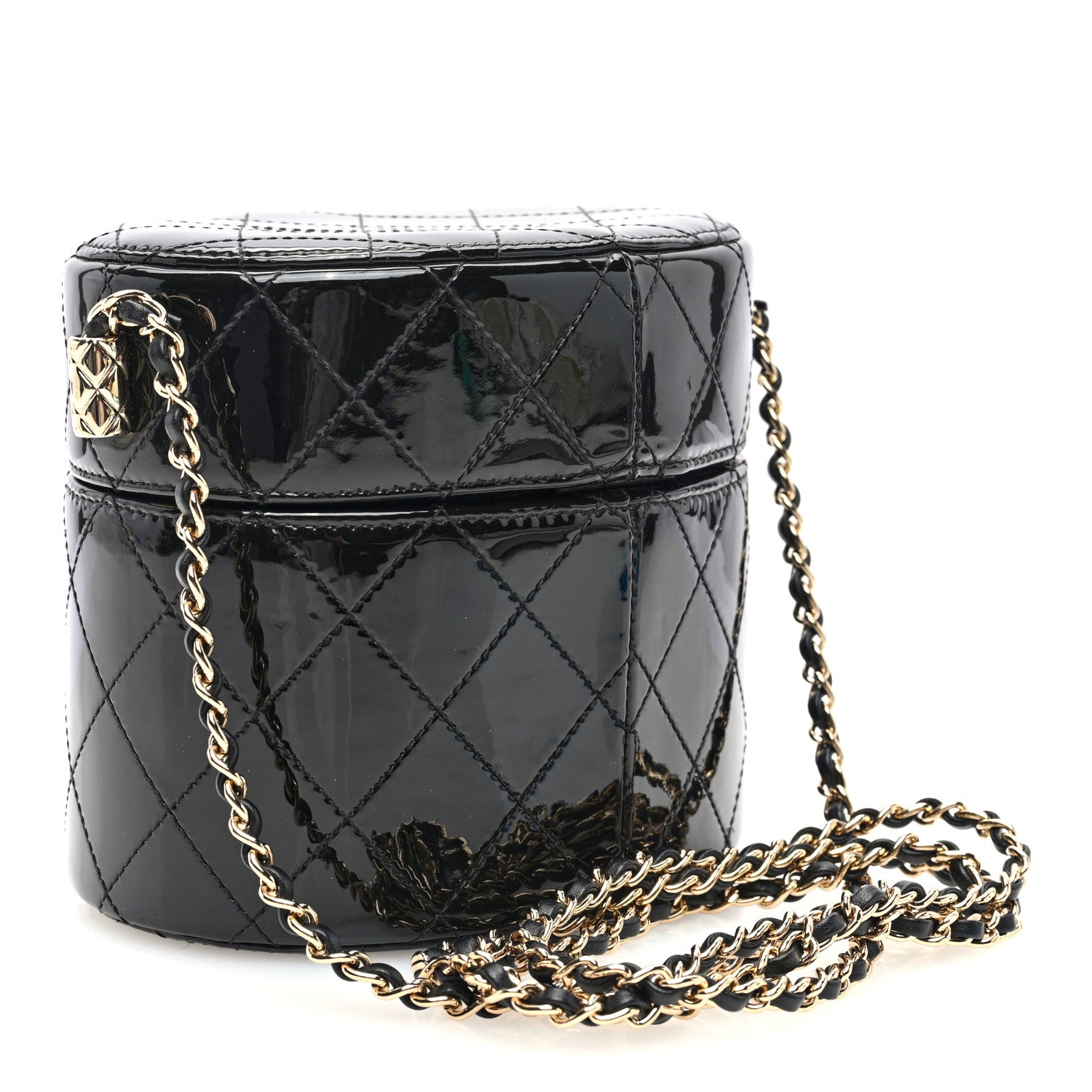 Patent Quilted Round Clutch With Chain Black - twins