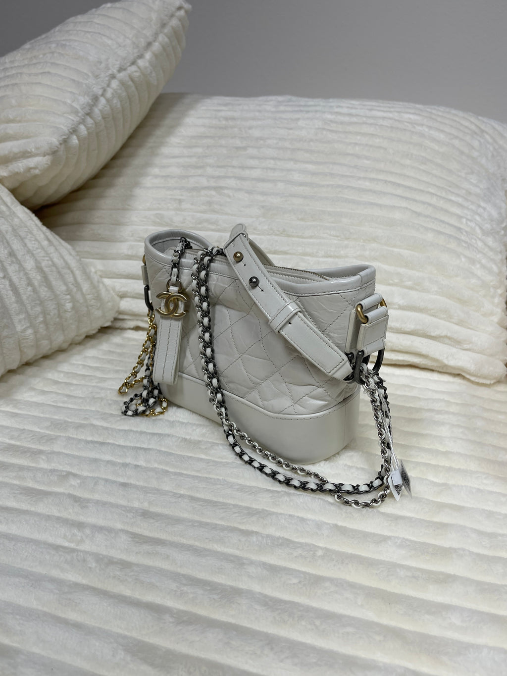 Chanel Aged Calfskin Quilted Small Gabrielle Hobo White