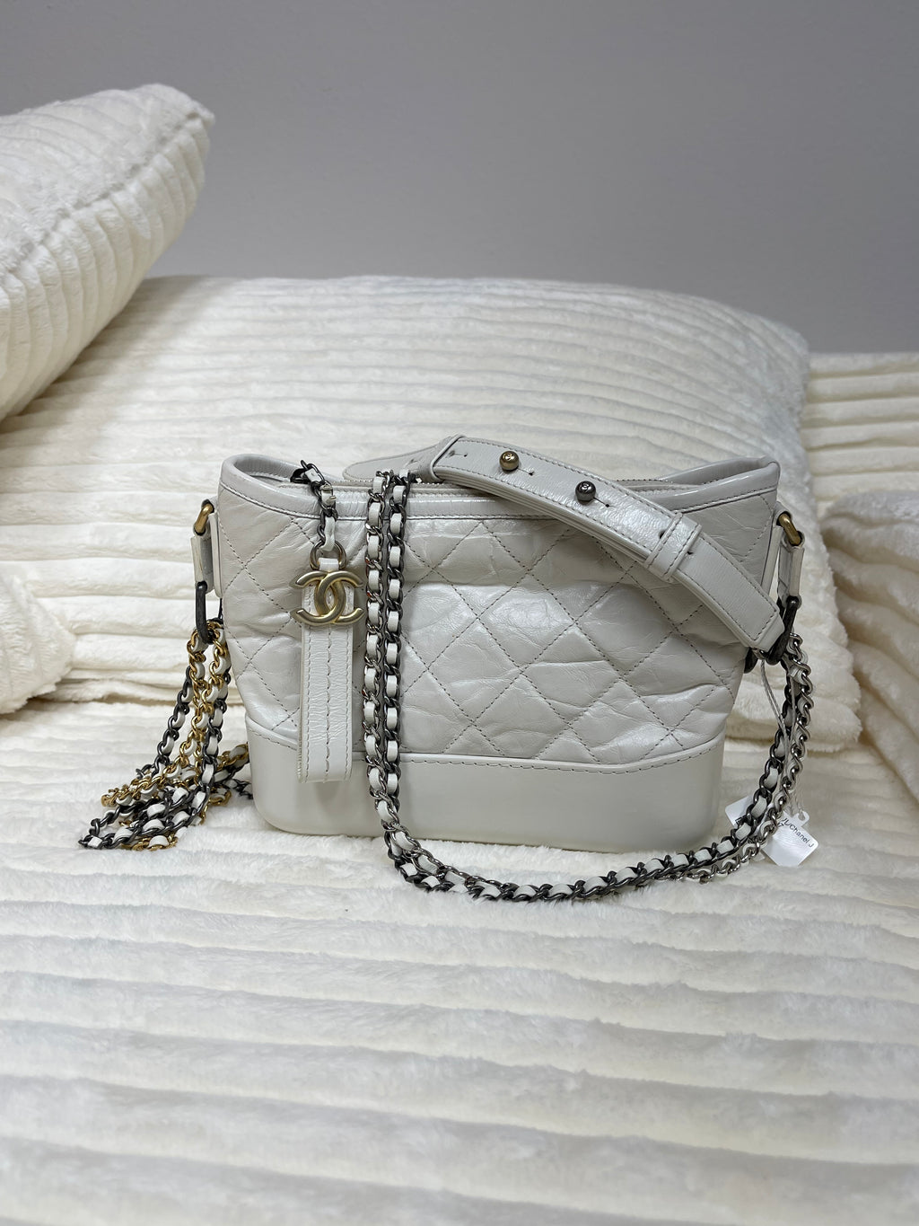 Chanel Aged Calfskin Quilted Small Gabrielle Hobo White
