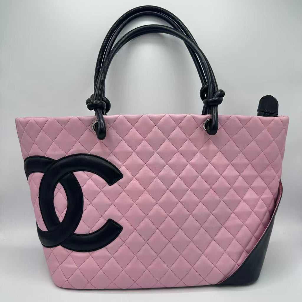 Calfskin Quilted Large Cambon Tote Pink Black