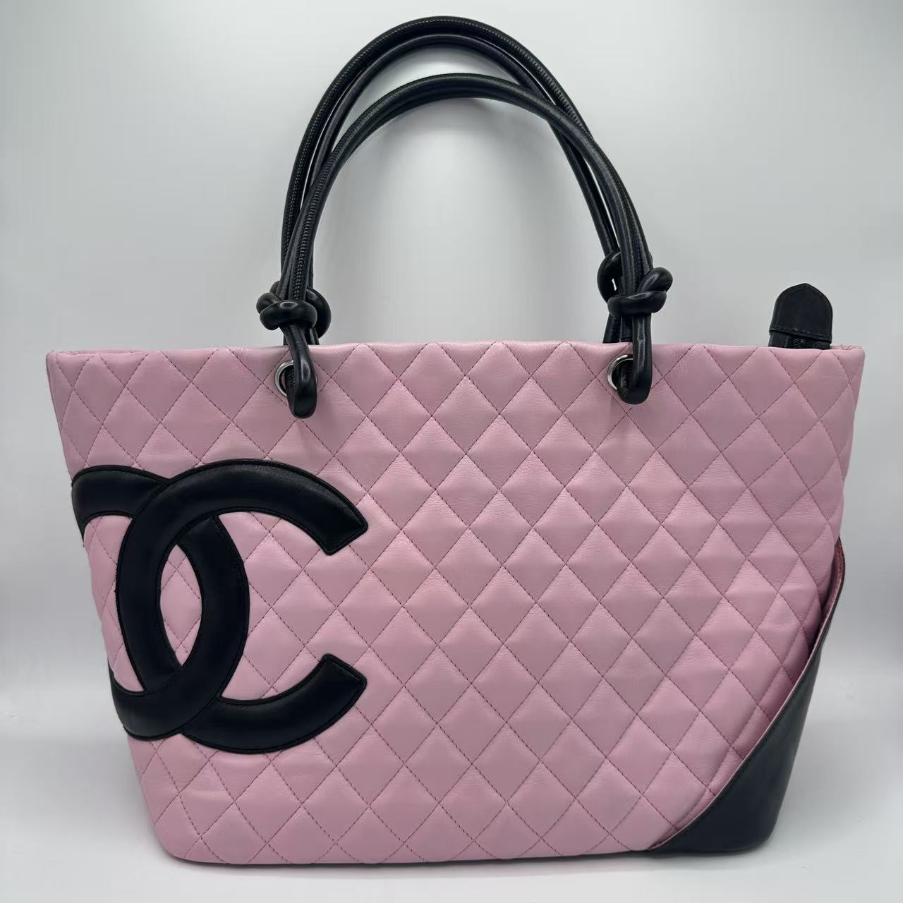 Calfskin Quilted Large Cambon Tote Pink Black