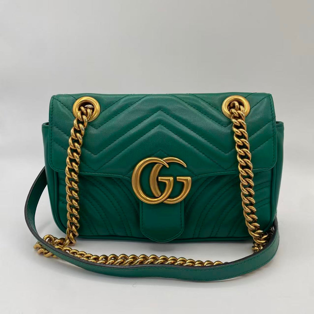 Gucci Calfskin Matelasse Small GG Marmont Shoulder Bag Emerald Green