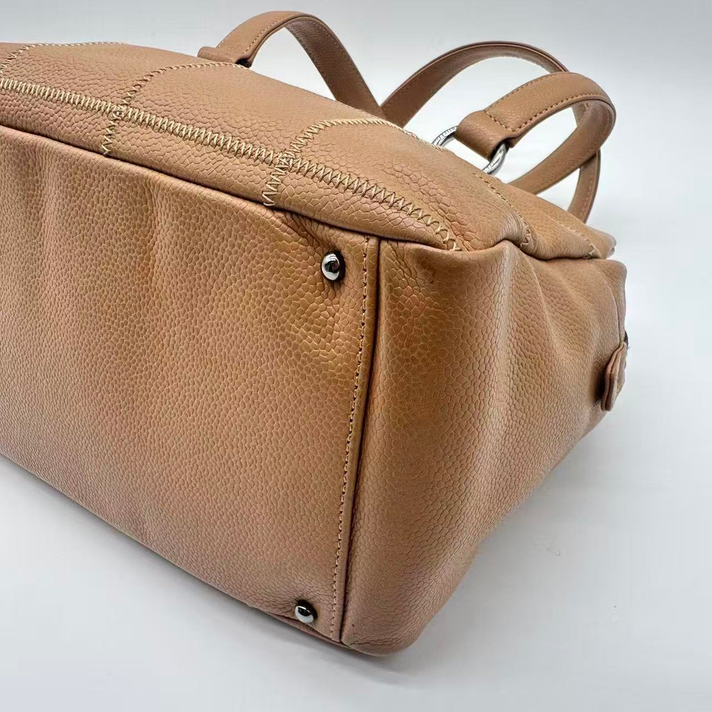 Beige Caviar Square Stitch Satchel Bag