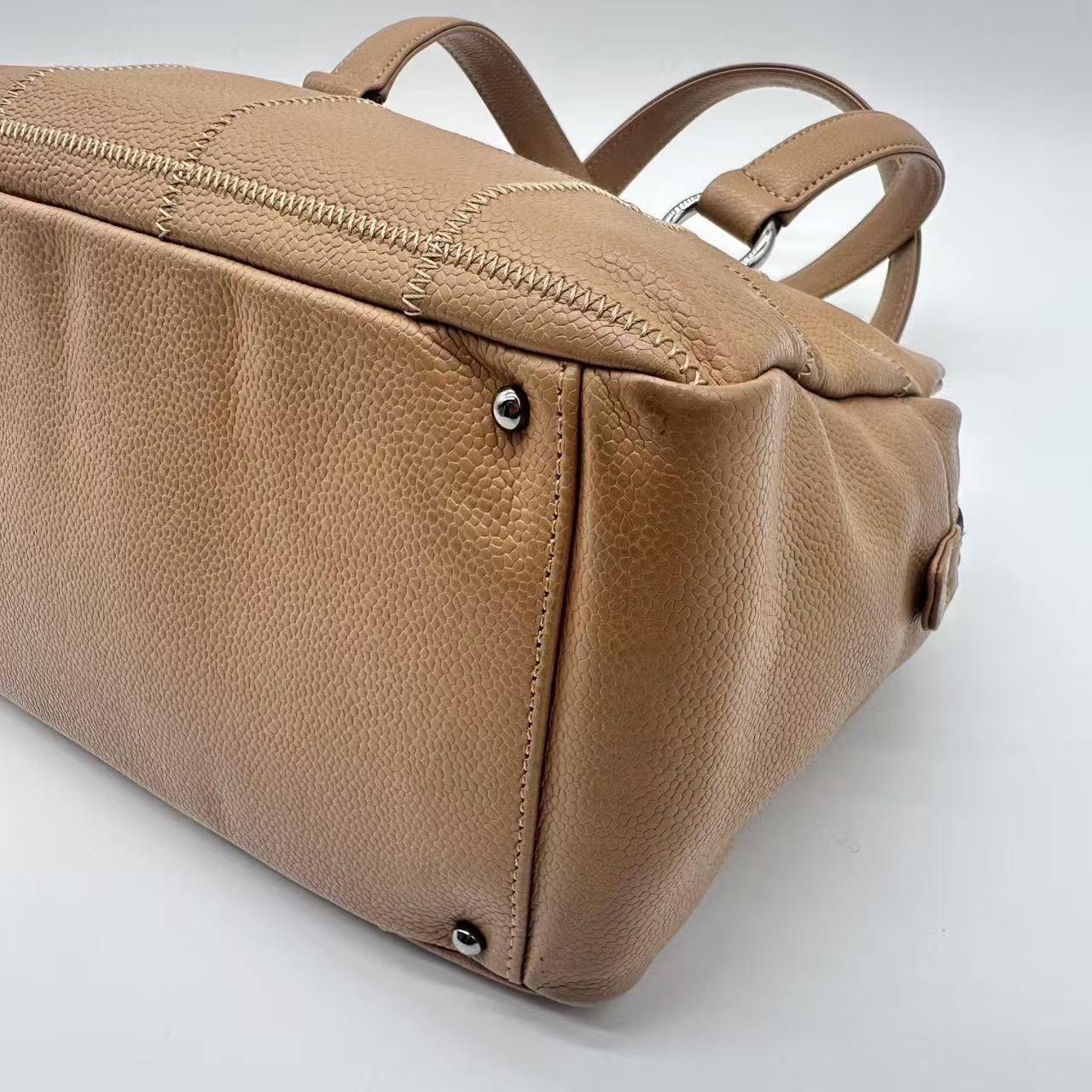 Beige Caviar Square Stitch Satchel Bag