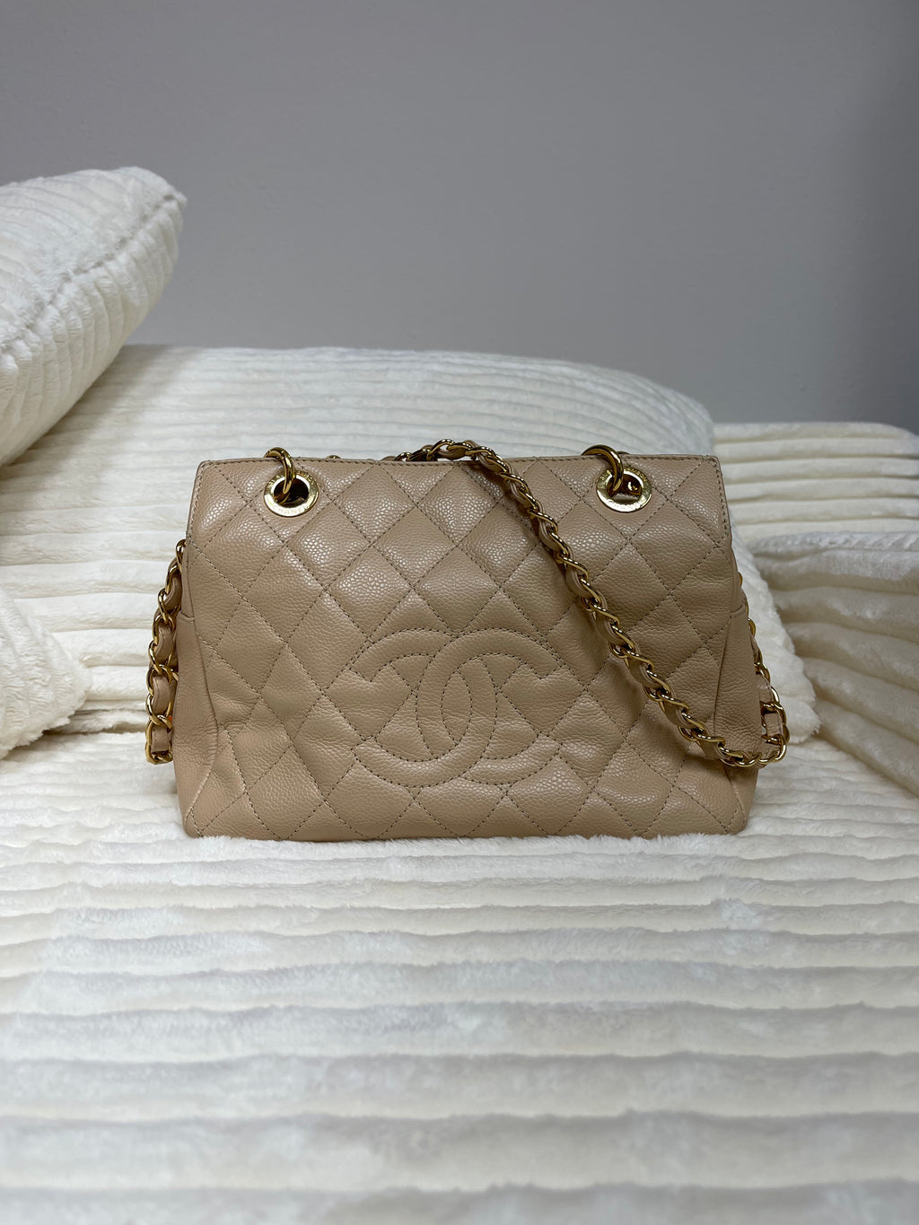 Chanel Brown Petite Caviar Timeless Shopping Tote Beige Leather