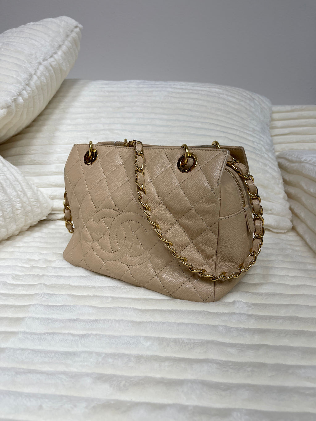 Chanel Brown Petite Caviar Timeless Shopping Tote Beige Leather