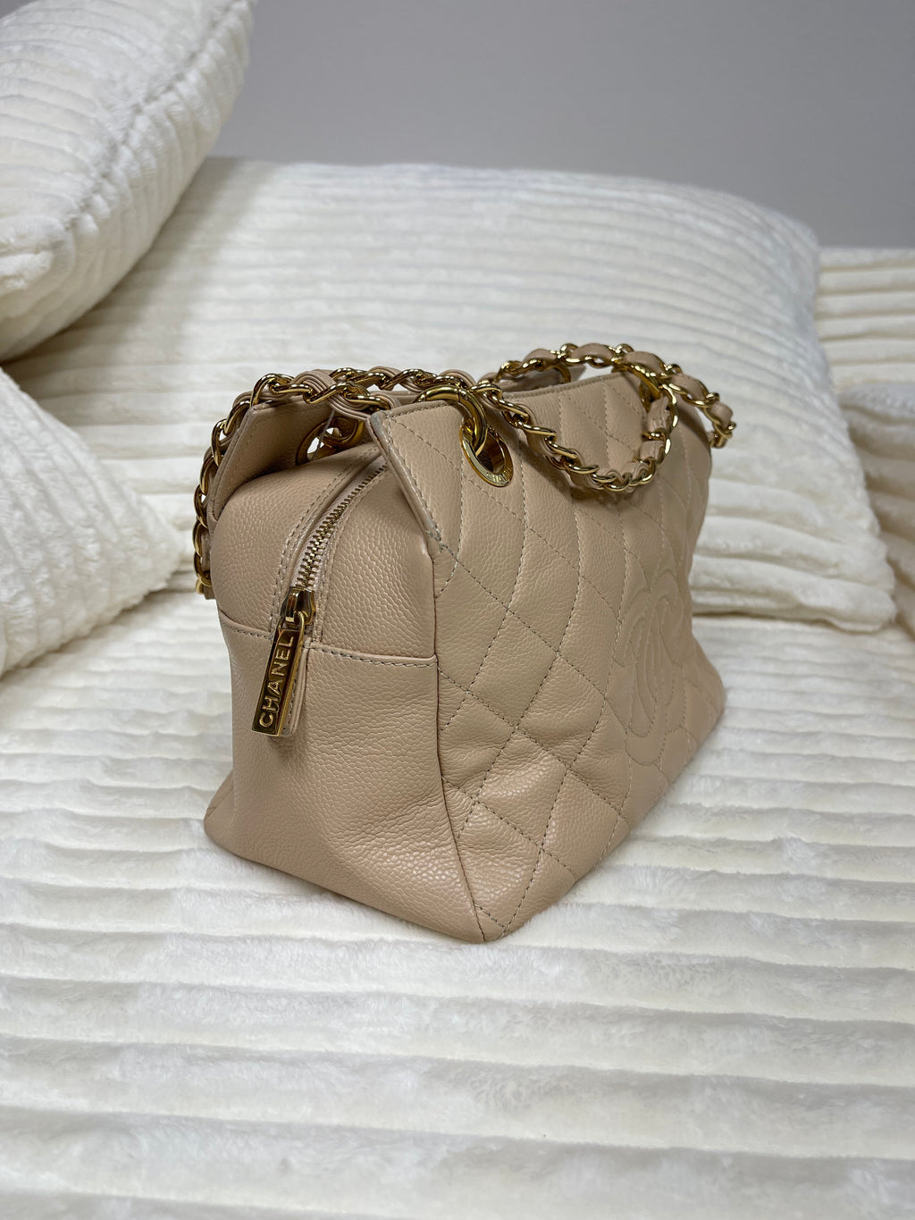 Chanel Brown Petite Caviar Timeless Shopping Tote Beige Leather