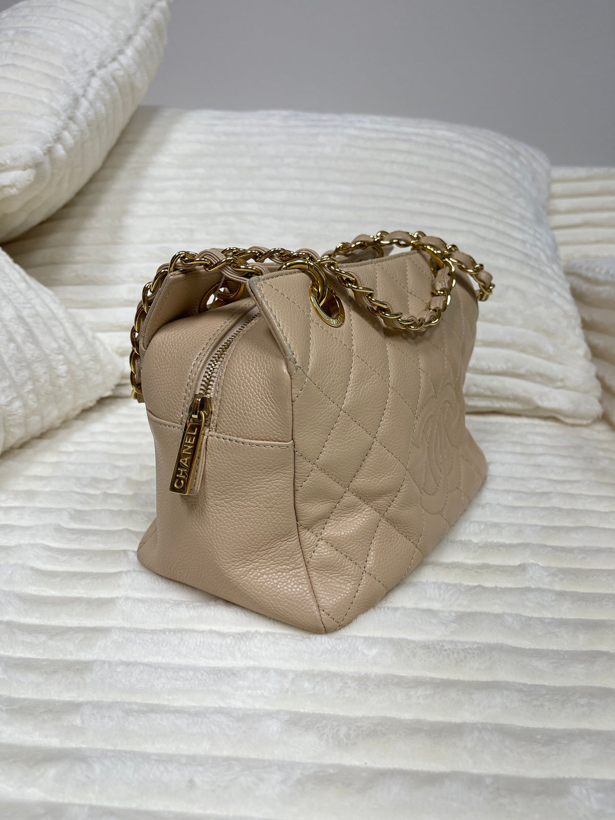 Chanel Brown Petite Caviar Timeless Shopping Tote Beige Leather