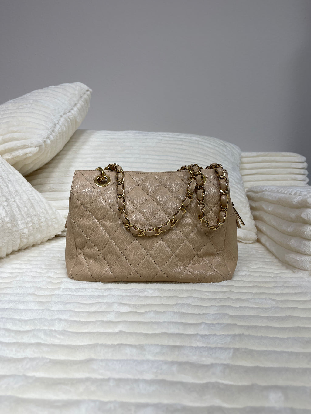 Chanel Brown Petite Caviar Timeless Shopping Tote Beige Leather
