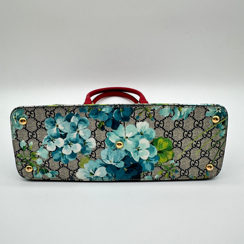 GG Supreme Monogram Blooms Small Zip Top Tote Beige Blue Navy Hibiscus Red