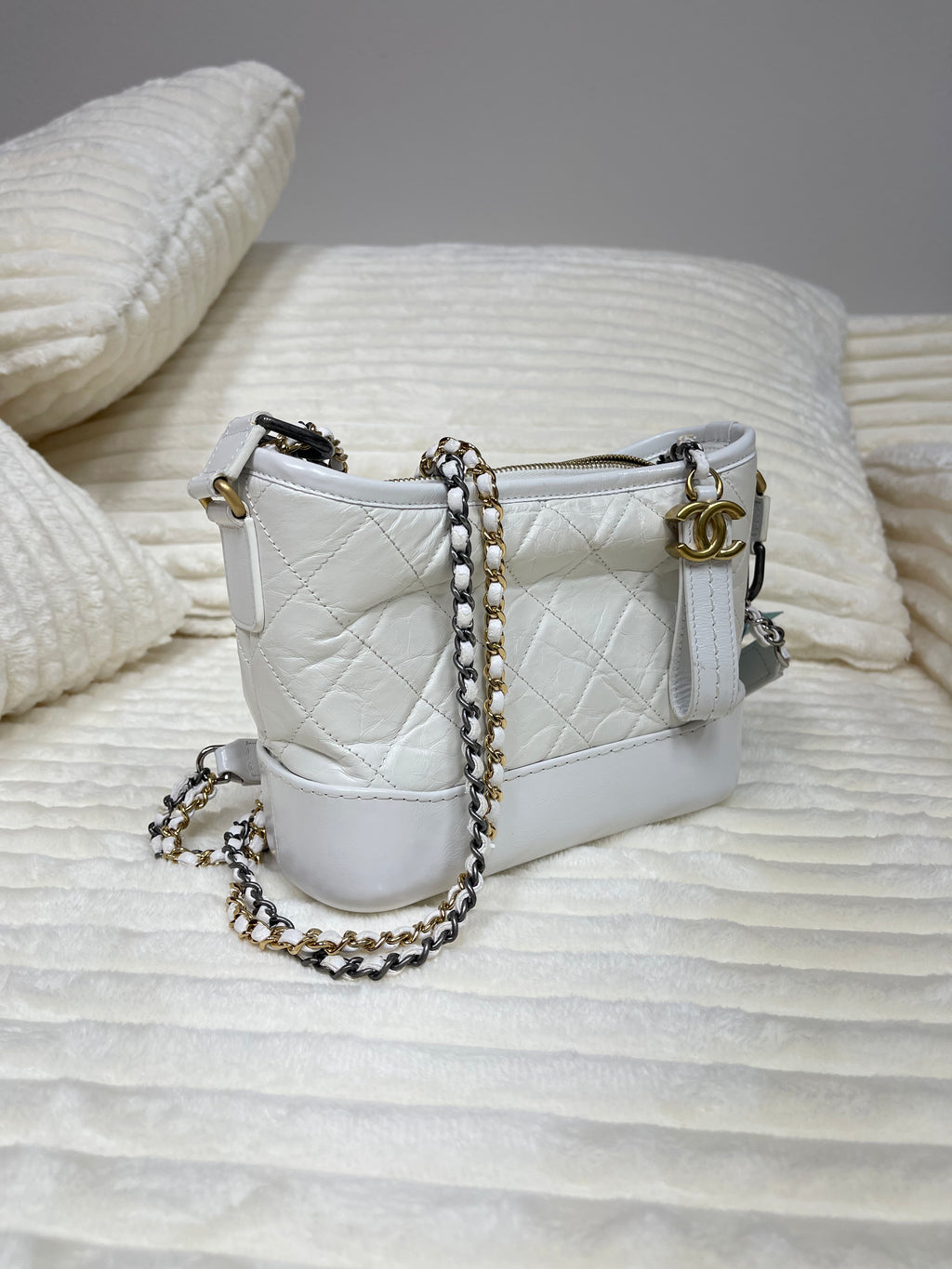 Chanel Aged Calfskin Quilted Small Gabrielle Hobo White
