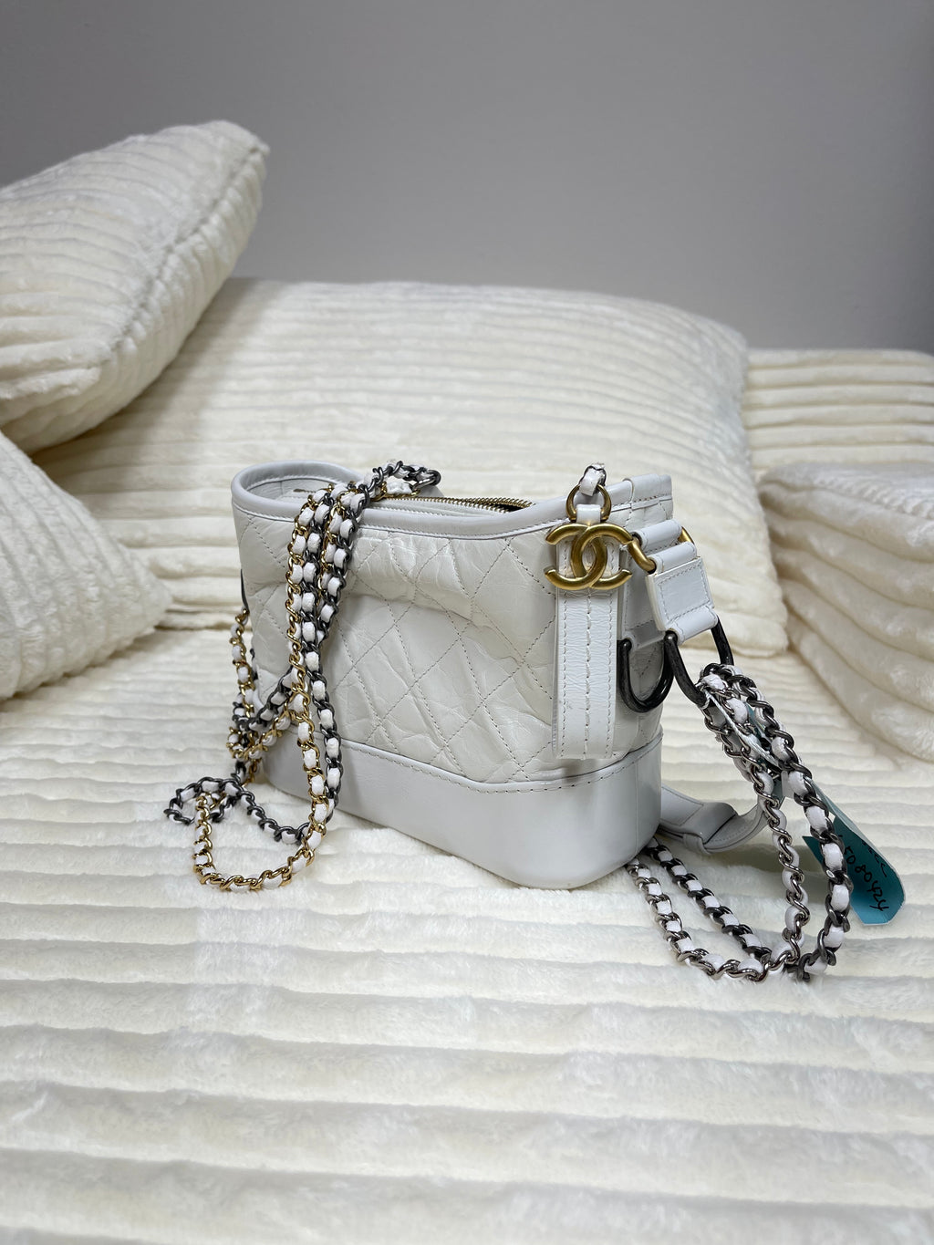 Chanel Aged Calfskin Quilted Small Gabrielle Hobo White
