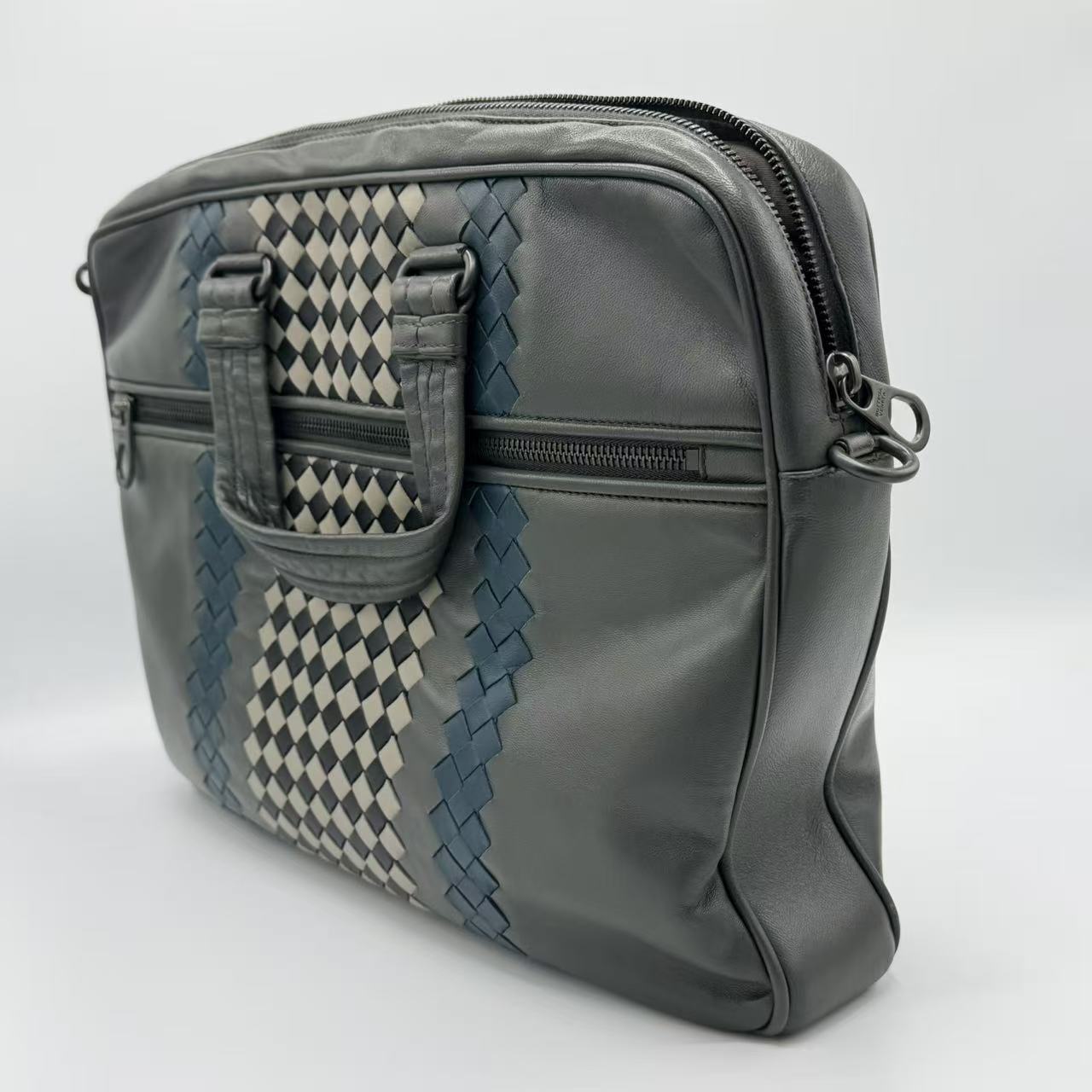 Briefcase Calfskin Grey Blue