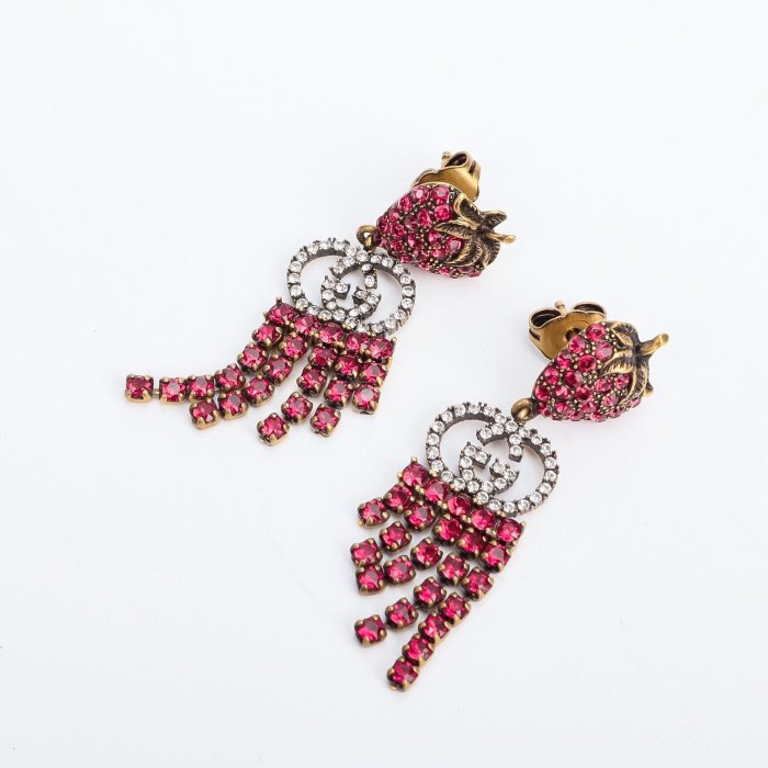 Gucci Metal Crystal Interlocking G Strawberry Drop Earrings  Twins LDZ564