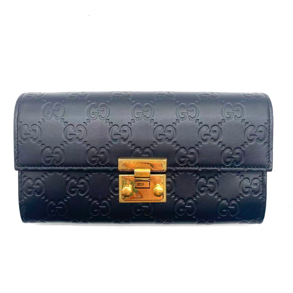 Black Guccissima Leather Padlock Chain Continental Wallet