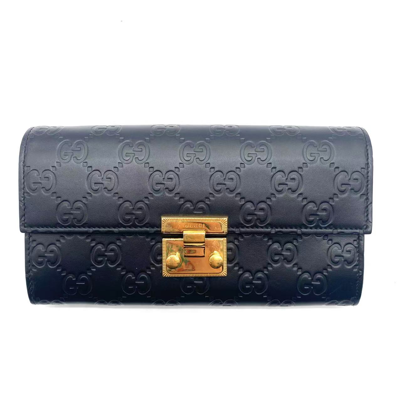 Black Guccissima Leather Padlock Chain Continental Wallet